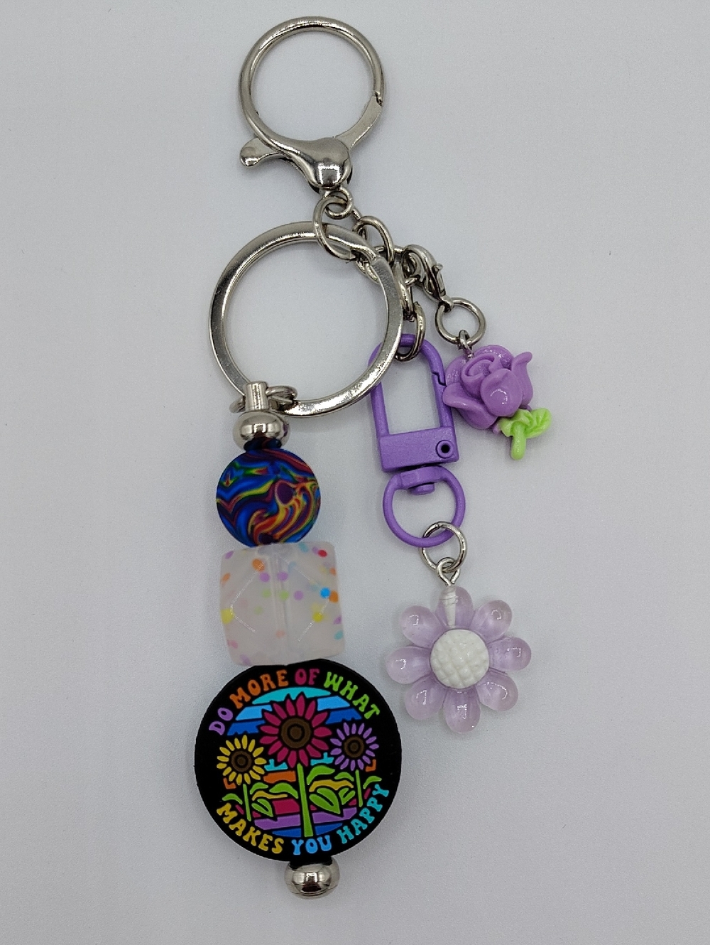 Handcrafted Colorful Floral Bag Charm/Keychain with Purple Flower Accents